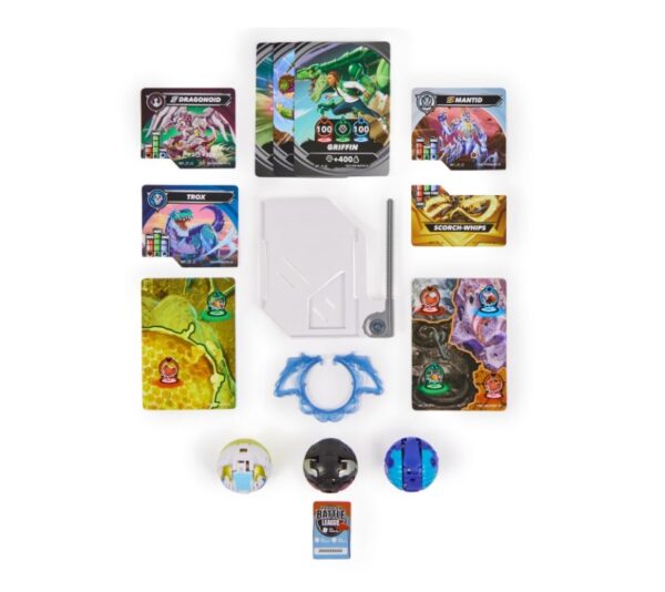 Set Bakugan Starter Mantid și Dragonoid Set starter Bakugan cu figurine Mantid, Dragonoid și Trox pentru copii.