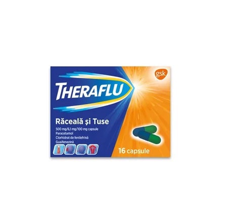 Theraflu Raceala si Tuse 500 mg/6,1 mg/100 mg, 16 Capsule, Haleon