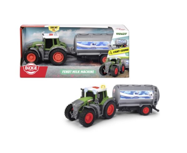 Tractor de jucărie Fendt cu remorcă de lapte, lumină și sunet pentru copii.
