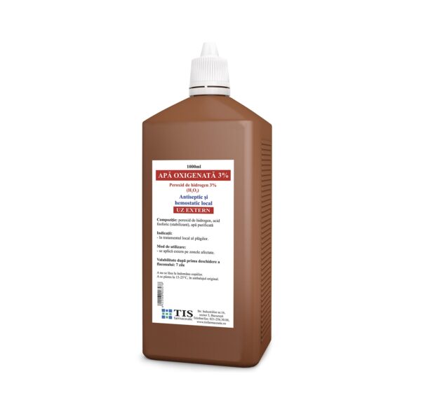 Apă oxigenată 3% 1000 ml Tis Sticla de apă oxigenată 3% 1000 ml Tis pentru uz medical.