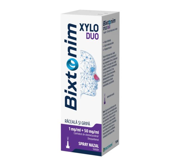 Bixtonim Xylo Duo Spray Nazal Cutie cu spray nazal Bixtonim Xylo Duo pentru răceală și gripă.