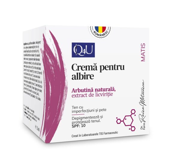 Crema pentru albire Q4U Matis 50ml Crema pentru albire cu extract de licviție, SPF 10, pentru imperfectiuni.