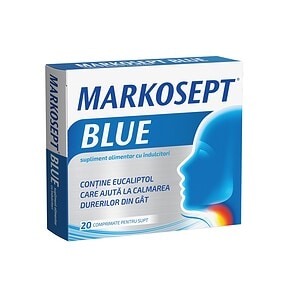 Markosept Blue, 20 Comprimate, Fiterman Pharma Cutie cu comprimate Markosept Blue pentru calmarea durerilor de gât.