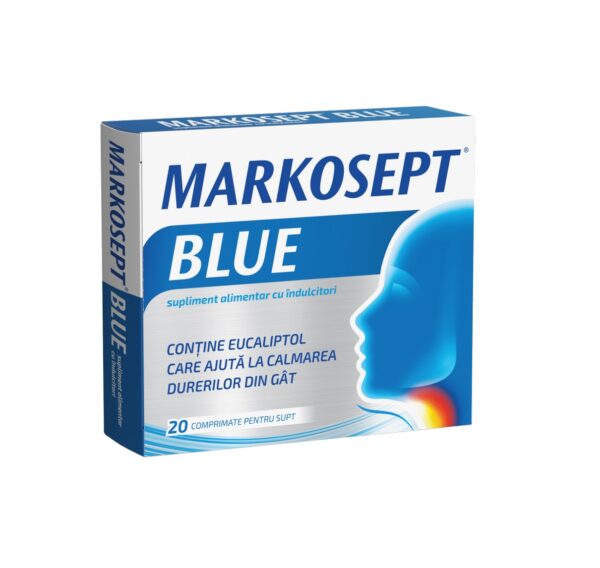 Markosept Blue, 20 Comprimate, Fiterman Pharma Cutie cu comprimate Markosept Blue pentru calmarea durerilor de gât.