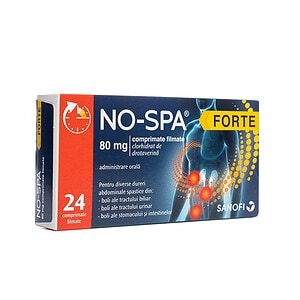 No-Spa Forte 80 mg, 24 capsule Cutie cu 24 capsule No-Spa Forte pentru dureri abdominale.