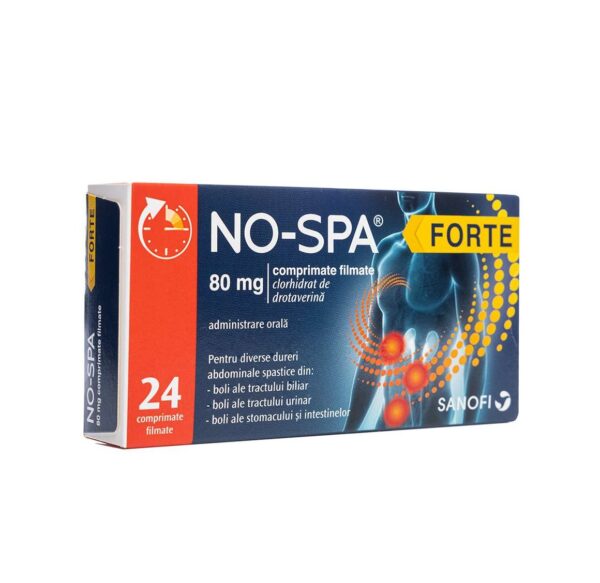 No-Spa Forte 80 mg, 24 capsule Cutie cu 24 capsule No-Spa Forte pentru dureri abdominale.
