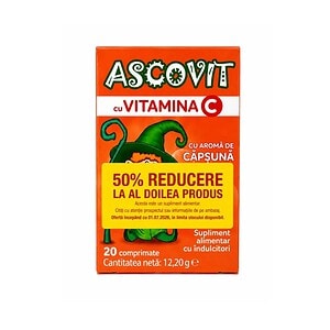 Ascovit cu Vitamina C - Farmacia Morpheus Cutie cu 20 comprimate Ascovit cu Vitamina C și aromă de căpșună.