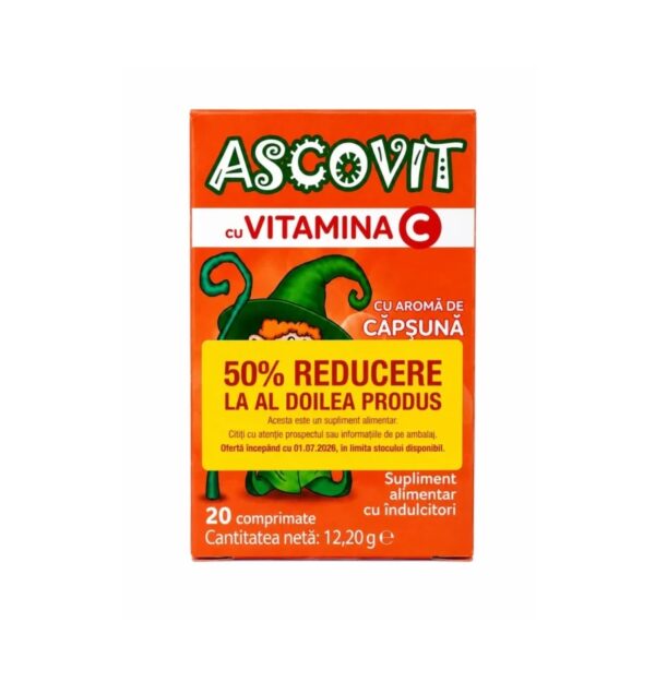 Cutie cu 20 comprimate Ascovit cu Vitamina C și aromă de căpșună.