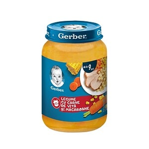 Piure Legume cu Carne de Vita Gerber Piure legume cu carne de vita și macaroane pentru bebeluși, 190 g, Gerber.
