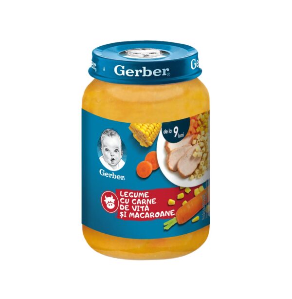 Piure Legume cu Carne de Vita Gerber Piure legume cu carne de vita și macaroane pentru bebeluși, 190 g, Gerber.