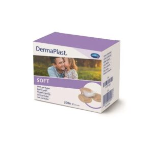 Plasturi Rotunzi DermaPlast Soft 200 Buc Pachet cu 200 plasturi rotunzi DermaPlast Soft pentru piele sensibila.