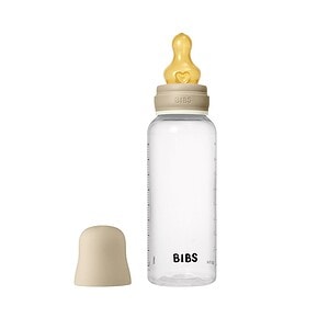 Biberon BIBS din sticlă cu tetină latex și capac de protecție.