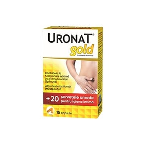 Uronat Gold - Supliment pentru igiena intima Cutie Uronat Gold cu 15 capsule și șervețele umede pentru igiena intimă.