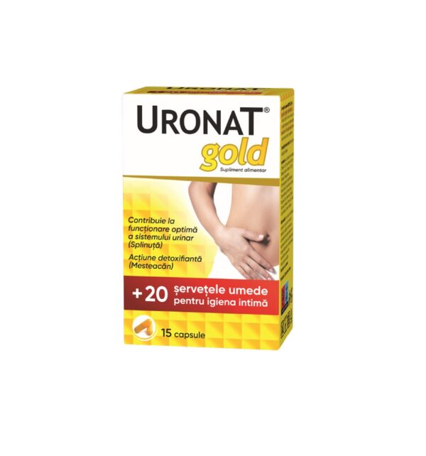 Uronat Gold - Supliment pentru igiena intima Cutie Uronat Gold cu 15 capsule și șervețele umede pentru igiena intimă.