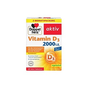 Vitamina D3 2000 UI Doppelherz Cutie cu comprimate de vitamina D3 2000 UI de la Doppelherz.