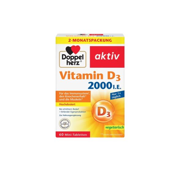 Vitamina D3 2000 UI Doppelherz Cutie cu comprimate de vitamina D3 2000 UI de la Doppelherz.