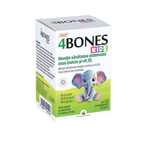 4 Bones Kids - Supliment pentru oase Cutie cu supliment pentru oase pentru copii, cu un elefant drăguț pe etichetă.