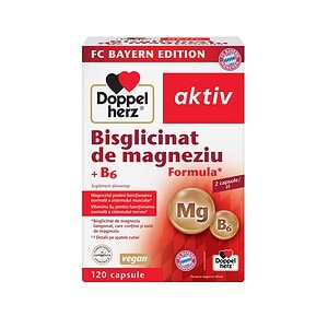 Supliment de Magneziu și B6 Doppelherz Cutie cu 120 capsule de bisglicinat de magneziu și B6 Doppelherz.