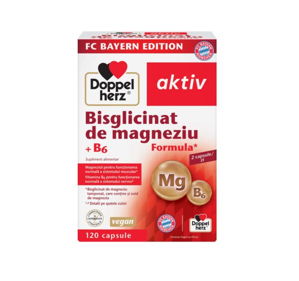 Supliment de Magneziu și B6 Doppelherz Cutie cu 120 capsule de bisglicinat de magneziu și B6 Doppelherz.