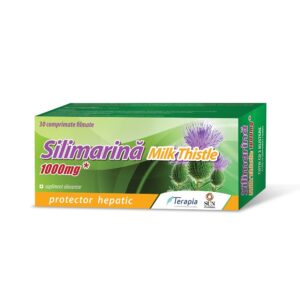 Cutie cu comprimate de silimarina pentru protecție hepatică.